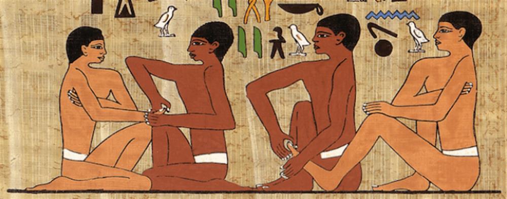 Hiéroglyphe égyptien datant de 2330 ans avant Jésus-Christ, retrouvait dans le tombeau du physicien Ankhamahor et représentant la réflexologie palmaire et plantaire.